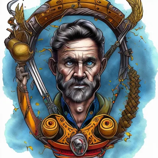 Tatuagem criada por nossa Inteligência Artificial - 'Um pescador de ilusoes' no estilo Aquarela. Arte representa um homem barbudo com um olho azul piscina e outro azul escuro, com elementos de madeira ao redor, o fundo existe a cor azul esfumado