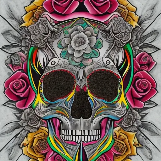 Tatuagem criada por nossa Inteligência Artificial - 'Uma caveira com rosas' no estilo Minimalista. Arte representa uma caveira com rosas ao seu redor.