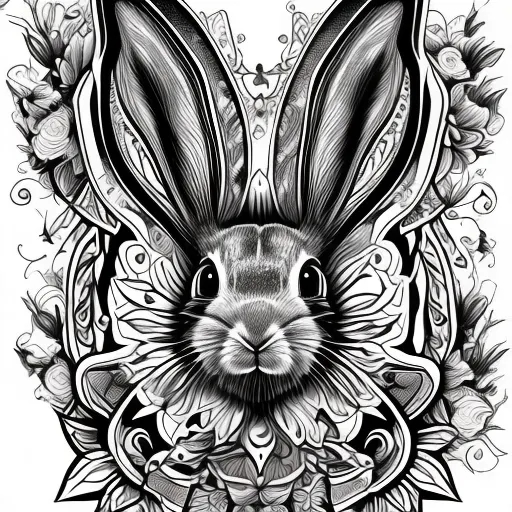 Tatuagem criada por nossa Inteligência Artificial - 'Coelho fofo com flores ao redor' no estilo Realista. Arte representa a face de um coelho realista com flores ao seu redor.