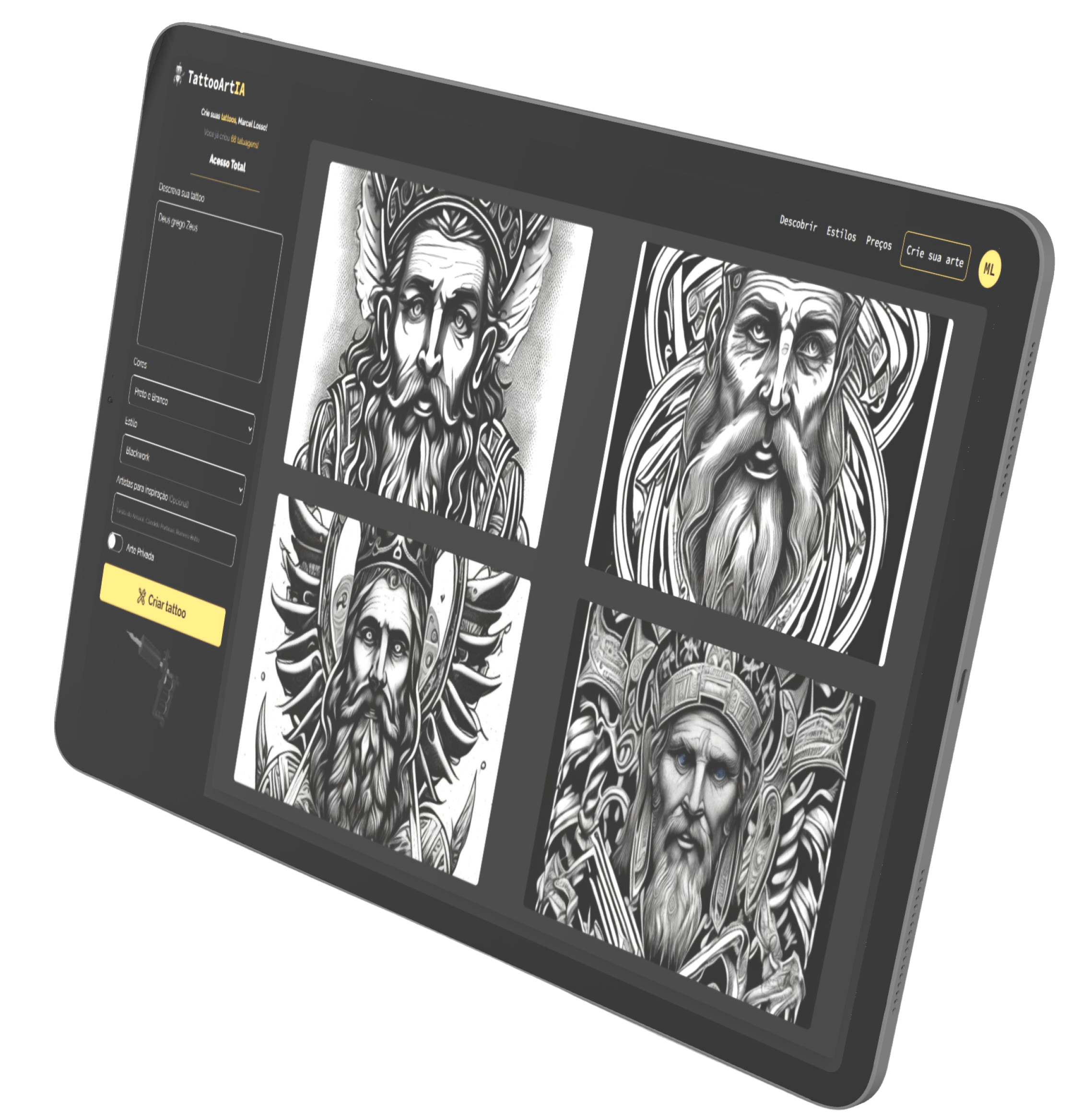 Uma máquina de um tablet com o TattooArtIA na página de criação de tatuagens